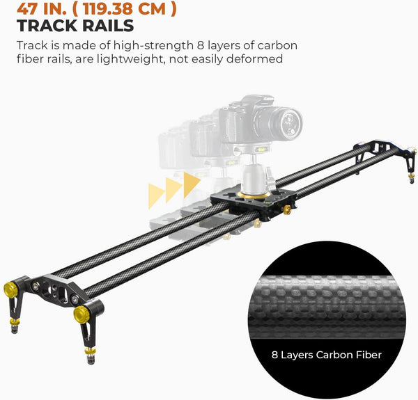 LimoStudio (Upgraded) 47 in Carbon Fiber Camera Slider / 120cm Dolly Track Rail, Smooth Bearing Stabilizer, Height Adjustable, Spirit Level, AGG1982